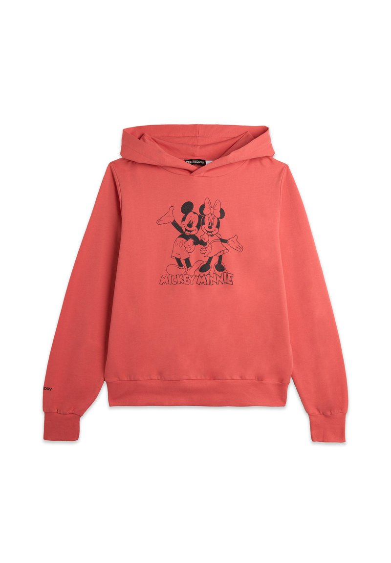 Sudadera con capucha color coral hecha de mezcla de algodón, con un estampado negro de Mickey y Minnie Mouse y el texto "MICKEY MINNIE" debajo.