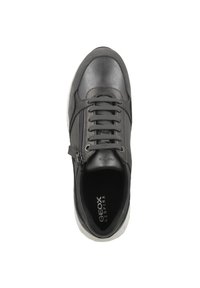 Black leather sneaker with a rounded toe, lace-up front, and zipper detail. Features a white rubber sole and “GEOX RESPIRA” logo inside.