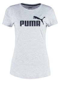 Szary bawełniany T-shirt z krótkim rękawem, z dużym czarnym logo "PUMA" i sylwetką pumy. Okrągły dekolt, lekko zaokrąglony dół.
