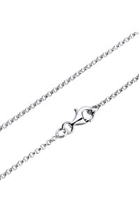 Zilveren ketting met kleine schakels, een karabijnsluiting en een gepolijste afwerking, die een strak en eenvoudig ontwerp illustreert.