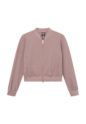 Světle fialová bomber bunda s předním zipem, elastickým lemem a manžetami, zipovými bočními kapsami a kulatým límcem.