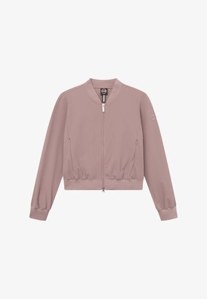 Licht mauve bomberjack met ritssluiting aan de voorkant, elastische zoom en manchetten, ritssluitingen aan de zijkanten en een ronde kraag.