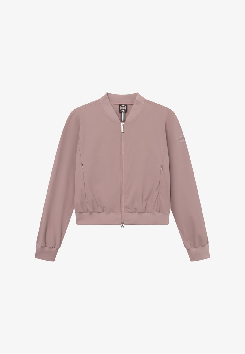 Lyse mauve bomberjakke med lynlås foran, elastisk kant og manchetter, lynlåslommer i siden og rund hals.