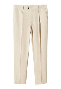 Pantaloni beige a sigaretta realizzati in tessuto leggero con pieghe frontali, chiusura con un bottone singolo e tasche laterali per una maggiore funzionalità.