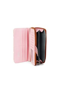 Pink leather wallet with a brown zipper, multiple card slots, a clear ID window, and a chevron-patterned interior lining. Zipper compartment included.