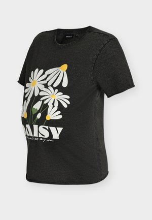 Tricou de gravidă negru cu mâneci scurte, imprimat cu flori de margarete albe și galbene și cu cuvântul "DAISY" pe partea din față.