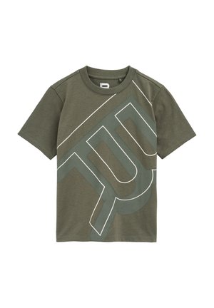 Olive green cotton t-shirt with short sleeves, featuring a large graphic design in dark green and white geometric shapes on the front.