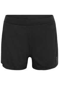 Pantalones cortos deportivos negros fabricados con una tela suave y elástica. Cuenta con una cinturilla ancha y un corte recto con detalles de costura mínimos.