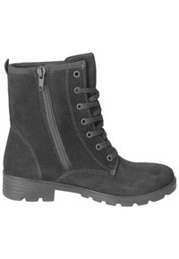 Stivaletti neri in suede hanno una punta arrotondata, lacci anteriori, zip laterale e una suola in gomma testurizzata per una migliore aderenza.