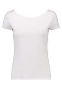 T-shirt bianco a maniche corte con scollatura rotonda, realizzato in tessuto morbido, caratterizzato da una silhouette aderente e da una texture liscia.