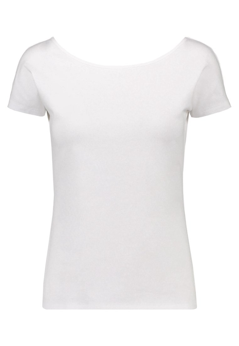 T-shirt bianco a maniche corte con scollatura rotonda, realizzato in tessuto morbido, caratterizzato da una silhouette aderente e da una texture liscia.