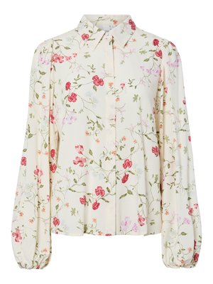 Μπλούζα μακρυμάνικη σε εκρού χρώμα με ροζ και κόκκινο λουλουδάτο μοτίβο, μύτη στο γιακά, κλείσιμο με κουμπιά μπροστά και φουσκωτά μανίκια με ελαστικά μανσέτες.