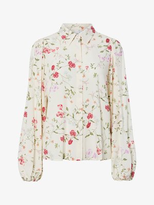 Μπλούζα μακρυμάνικη σε εκρού χρώμα με ροζ και κόκκινο λουλουδάτο μοτίβο, μύτη στο γιακά, κλείσιμο με κουμπιά μπροστά και φουσκωτά μανίκια με ελαστικά μανσέτες.