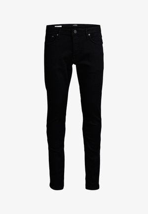 Schwarze Jeans aus Denim mit schlanker Passform, ausgestattet mit Standardtaschen, einem Knopfverschluss und dezenten Nähdetails vorne und hinten.