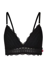 Black lace bralette with adjustable thin straps and scalloped edges, featuring intricate geometric and floral patterns.