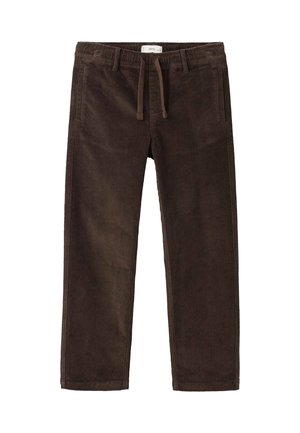 Pantalon en velours côtelé marron avec une coupe décontractée, doté d'une taille élastique et d'un cordon de serrage. Texture côtelée verticale et poches latérales.