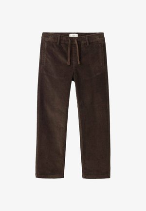 Bruine ribfluwelen broek met een relaxed fit, voorzien van een elastische tailleband en trekkoord. Verticale ribbeltextuur en zijzakken.