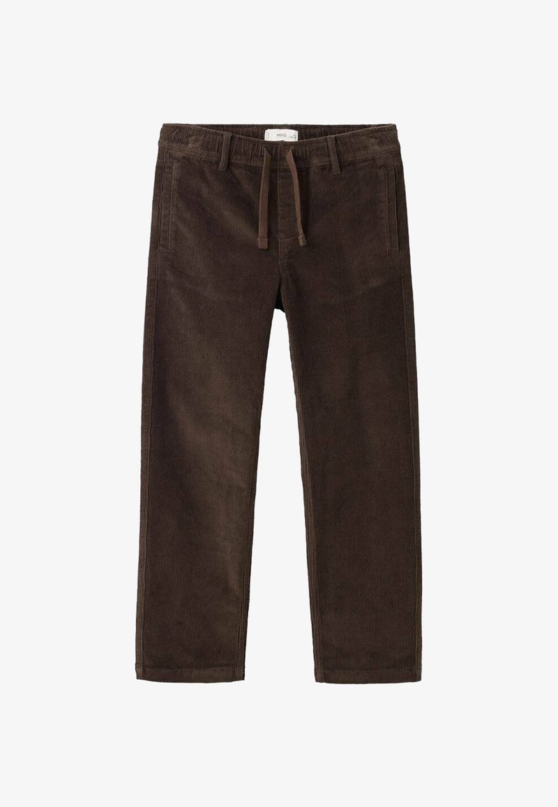Hnedé kordové nohavice s uvoľneným strihom, so elastickým pásom a šnúrkou na stiahnutie. Vertikálne rebrovaná textúra a bočné vrecká.