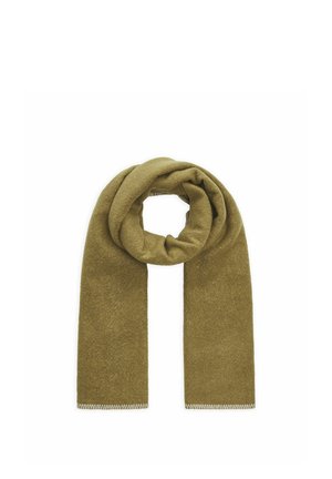 Zachte olijfgroene sjaal met een lusvormig midden en beige gestikte randen, plat op een witte achtergrond gelegd.