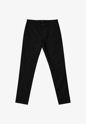 Schwarze Hose mit geradem Bein, Seitentaschen, Gürtelschlaufen und Knopfverschluss an der Taille, flach auf einem weißen Hintergrund liegend.