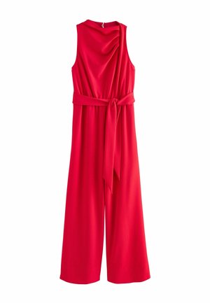 Red sleeveless wide-leg jumpsuit with waist tie and draped neckline, front zipper closure, smooth fabric.