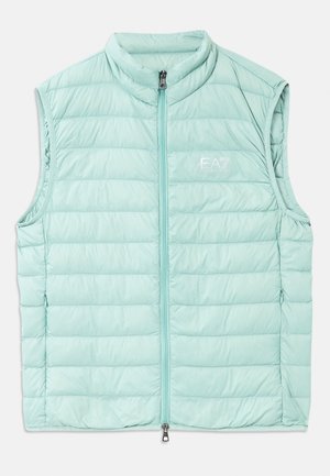 Gilet imbottito senza maniche di colore blu chiaro con zip frontale e logo EA7 sul petto, posato piatto su sfondo bianco.
