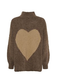 Strikket sweater i brun med et stort beige hjerte mønster på ryggen. Har høj hals og ærmer med sænket skulder. Blød tekstur.