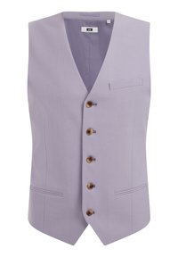 Světlofialová vesta s výstřihem do V, pěti hnědými knoflíky a dvěma bočními kapsami. Hladká textura a přizpůsobený střih.