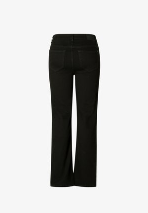 Zwarte denimbroek met een rechte snit, twee achterzakken en een gladde textuur. Bevat een standaard tailleband en minimale stikdetails.