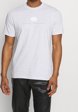 Helle graue Baumwoll-T-Shirt mit Rundhalsausschnitt und kurzen Ärmeln. Zentrale grafische Beschriftung lautet "CARRHARTT DATA & WORK IN PROGRESS" in Weiß.