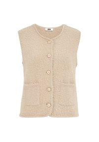 Gilet lavorato a maglia beige con scollatura rotonda, cinque bottoni e due tasche frontali. Presenta una consistenza morbida e design senza maniche.