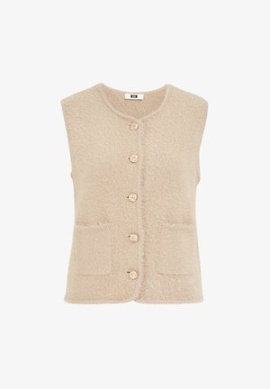 Beige gestrickte Weste mit rundem Ausschnitt, fünf Knöpfen und zwei Fronttaschen. Sie zeichnet sich durch eine weiche Textur und ein ärmelloses Design aus.
