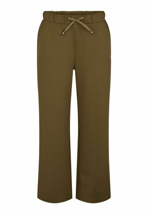 Olijfgroene joggingsbroek met een elastische tailleband, trekkoord en zijzakken. Zacht materiaal met een rechte pijp en geen zichtbare patronen.