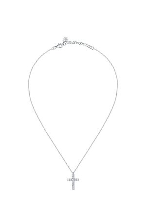 Silberne Kettenhalskette mit einem kleinen, klaren, mit Kristallen besetzen Kreuzanhänger. Mit einem Karabinerverschluss und einer verstellbaren Kettenlänge.