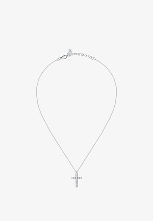 Silberne Kettenhalskette mit einem kleinen, klaren, mit Kristallen besetzen Kreuzanhänger. Mit einem Karabinerverschluss und einer verstellbaren Kettenlänge.