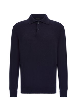 Camisa polo de manga larga en azul marino, hecha de suave tela de punto, con cuello y una tapeta de tres botones, y puños y dobladillo acanalados.