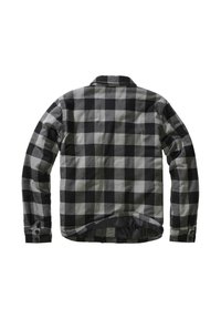 Juoda ir pilka languota marškinėliai su sagomis ant apykaklės, ilgomis rankovėmis ir išlenktu apačios kraštu. Minkštos medžiagos tekstūra su kontrastiniu langelių raštu.