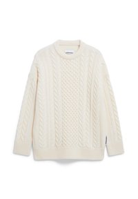 Trui, crèmekleurig, gemaakt van gestructureerde breiwerk. Kenmerkt kabelbreiwerk en ribgebreide manchetten en zoom; ronde halslijn, lange mouwen.
