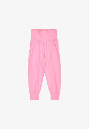 Pantalon rose pâle pour tout-petit à taille haute avec poignets élastiques et tissu froncé sous la large ceinture.