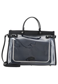 Borsa tote in PVC trasparente con dettagli in pelle nera, due manici, tracolla staccabile e dettagli in metallo argentato.