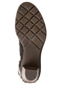 Czarna podeszwa buta o teksturowanej powierzchni, z wzorem w kratkę zapewniającym przyczepność oraz gładkim akcentem na pięcie. Wykonana z trwałej gumy.