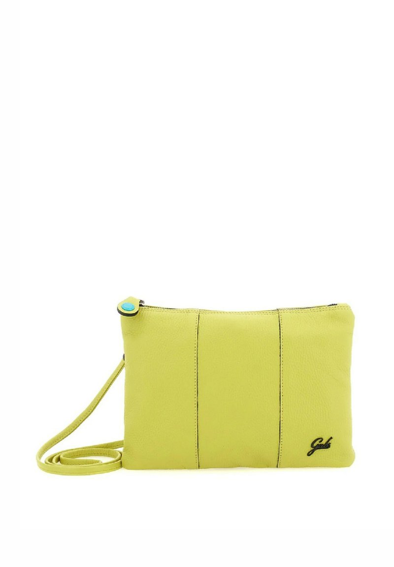 Borsa a tracolla gialla in pelle con chiusura a zip, dettagliata da un bottone blu di accentuazione e cuciture nere. Texture liscia con logo.