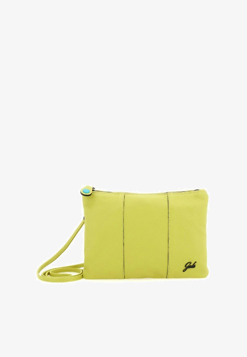 Borsa a tracolla gialla in pelle con chiusura a zip, dettagliata da un bottone blu di accentuazione e cuciture nere. Texture liscia con logo.