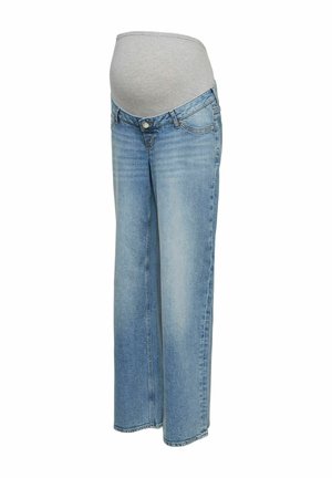 Gaiši zili grūtnieču džinsi ar elastīgu pelēku vēdera paneli un vaļēju, taisnas kājas piegriezumu uz balta fona.