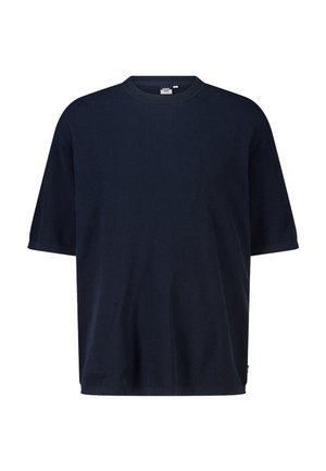 Navy blauwe korte mouw gebreide trui met ronde hals en een losse pasvorm, gemaakt van geribd stof.