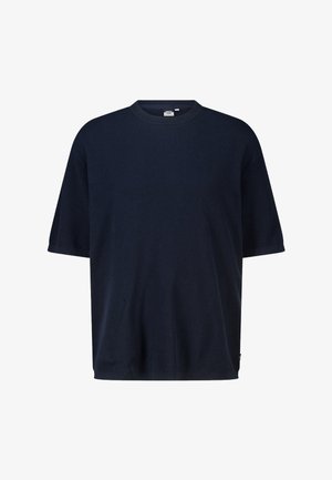 Navy blue short-sleeve knit sweater with crew neck and relaxed fit, made of ribbed fabric.
