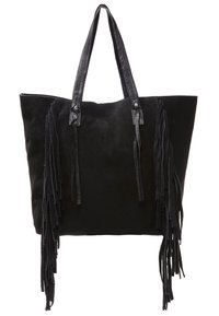 Black suede tote bag with long black fringe accents, two sturdy handles, and a spacious interior. Textured finish with a minimalist design.