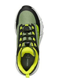 Corsa verde e nera con tomaia in rete, dettagli testurizzati, particolari riflettenti e lacci giallo neon. Presenta una suola ammortizzata.
