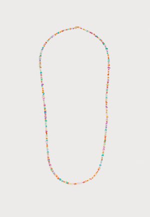 Colorful beaded necklace with a variety of shapes and sizes, displayed against a white background, creating a vibrant contrast.