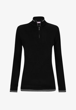 Suéter negro con cremallera, mangas largas, puños acanalados y cuello alto simulado. Presenta rayas blancas a lo largo del cuello y el dobladillo. Material suave.